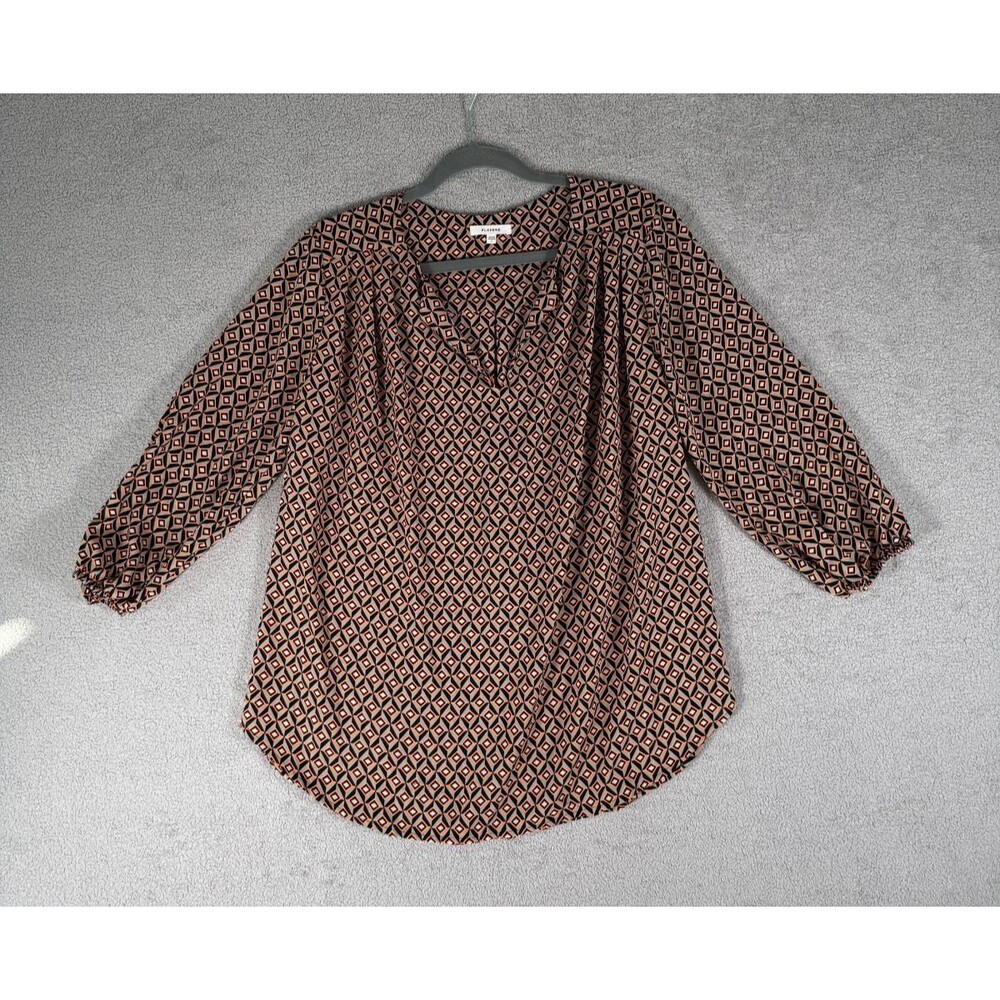 Pleione Womens Blouse Large Orange Black Geometric Split V-Neck 3/4 Sleeve Top